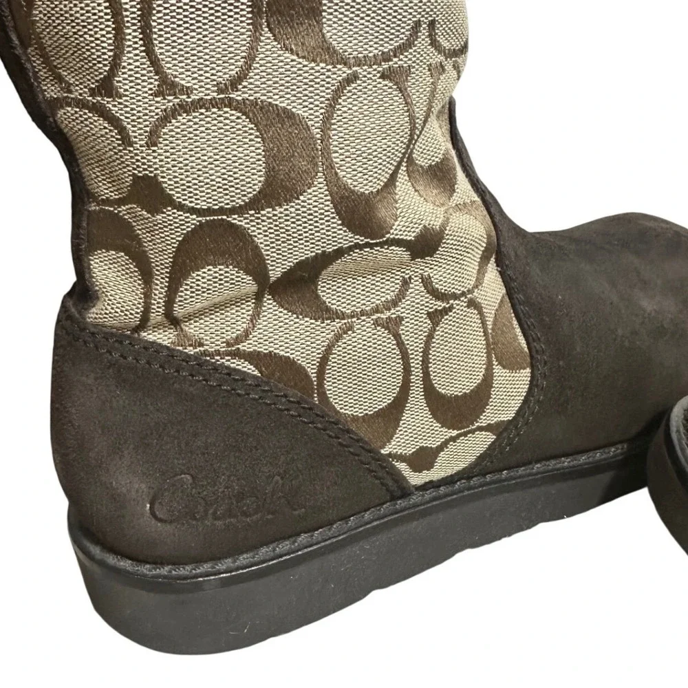 Coach Kally Signature Suede Winter Boots Women Brown Khaki Faux Fur Good 6.5 B - Picture 7 of 16